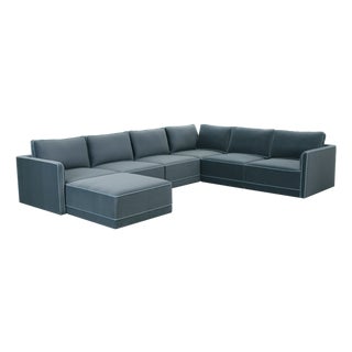 Willow Misty Blue with Pale Blue Piping Modular 7-Piece Performance Velvet Large Chaise Sectional For Sale