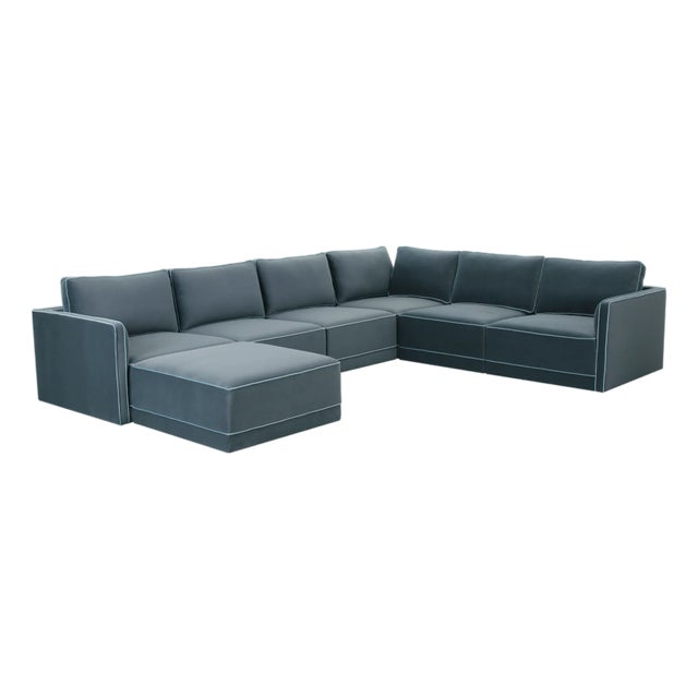 Willow Misty Blue with Pale Blue Piping Modular 7-Piece Performance Velvet Large Chaise Sectional For Sale