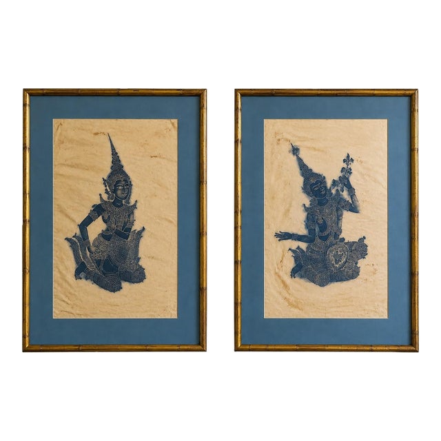 Vintage Thai Temple Rubbings in Gilt Bamboo Frames – Pair For Sale