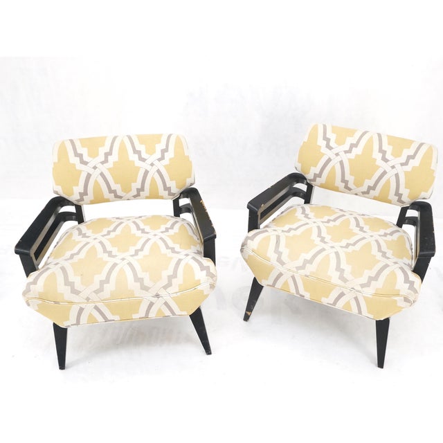 Pair of Mid-Century Modern Black Lacquer Abstract Fabric Lounge Chairs AS IS For Sale - Image 10 of 14