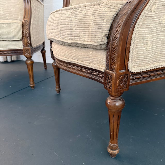Pair of Mid-Century Louis XVI Style Carved Walnut Bergère Armchairs For Sale - Image 9 of 9