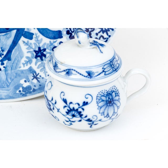 Cream 1960s Exquisite German Meissen Porcelain Trio: "Snow Queen" Plate, White Orb Bowl & Blue Onion Cup - 3 pcs For Sale - Image 8 of 9