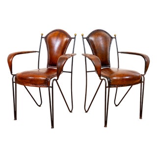 Mid-Century Bauhaus Modern Sculptural Leather Armchairs in Iron and Brass from Jacques Adnet, 1950s, Set of 2 For Sale