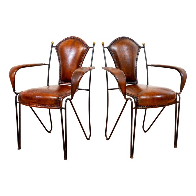 Mid-Century Bauhaus Modern Sculptural Leather Armchairs in Iron and Brass from Jacques Adnet, 1950s, Set of 2 For Sale