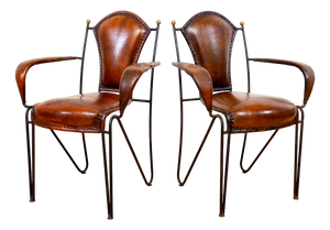 Mid-Century Bauhaus Modern Sculptural Leather Armchairs in Iron and Brass from Jacques Adnet, 1950s, Set of 2