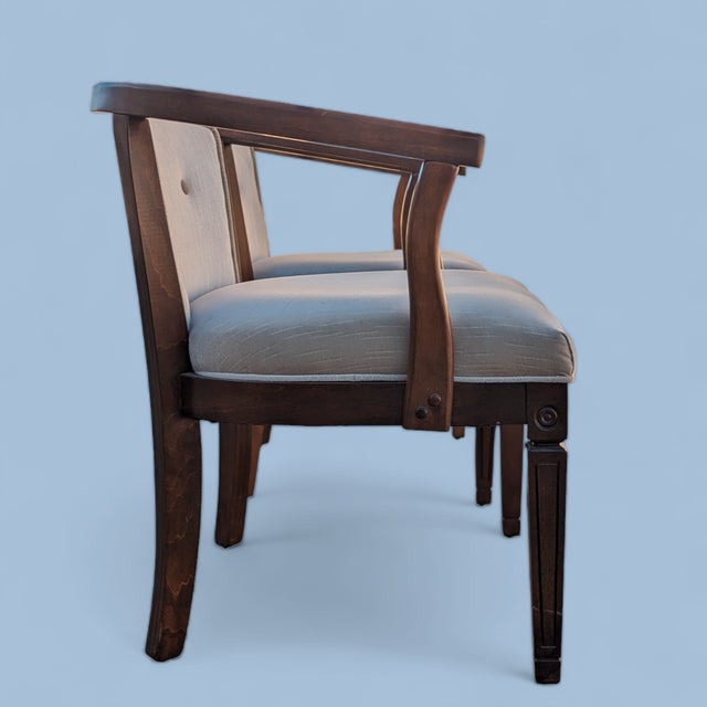 Pair of Vintage Curved Wood and Upholstered Barrel Armchairs For Sale - Image 10 of 14