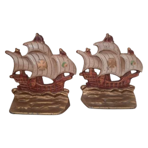 Vintage Pair Galleon Ships Knights of Templar Cast Iron Bookends