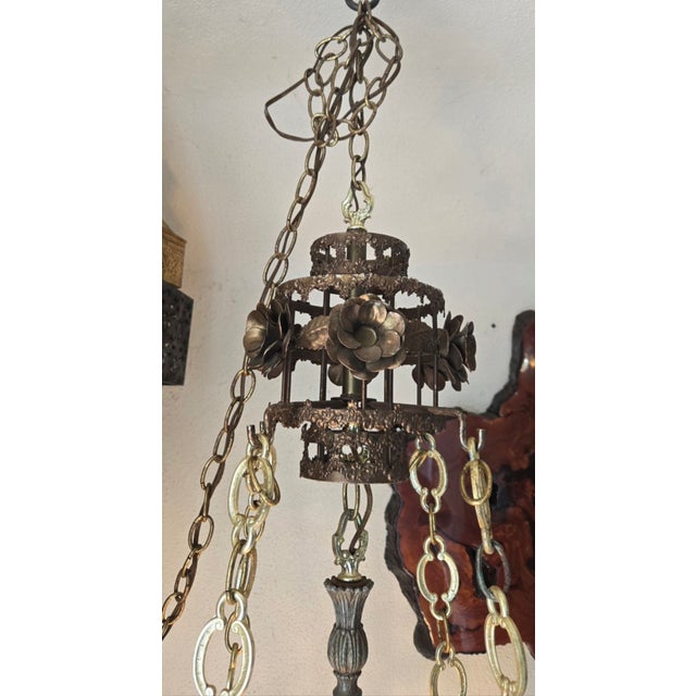 Metal 1940s Hanging Chandelier / Glass Top Table / Lamp Antique For Sale - Image 7 of 12