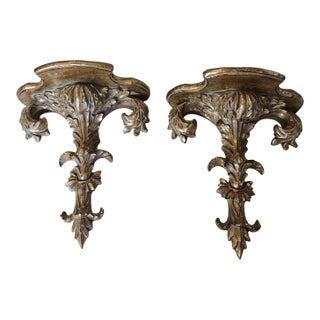Late 20th Century Pair of Gilt Acanthus Architectural Corbels – Hollywood Regency Neoclassical Wall Shelves For Sale