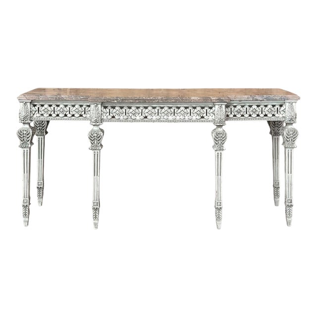 Grand Neoclassical Italian Painted and Carved Wood Console With Marble Top ~ Louis XVI Style For Sale