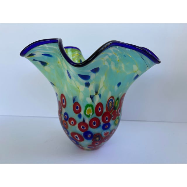 Vintage Murano-Style Millefiori Hand-Blown Art Glass Ruffled Lamp Shade For Sale In Orlando - Image 6 of 7