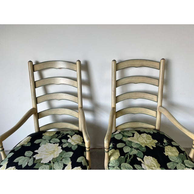 Green Vintage French Provincial - Style High. Ladder Back Arm Lounge Chairs - A Pair/ Sold For Sale - Image 8 of 13