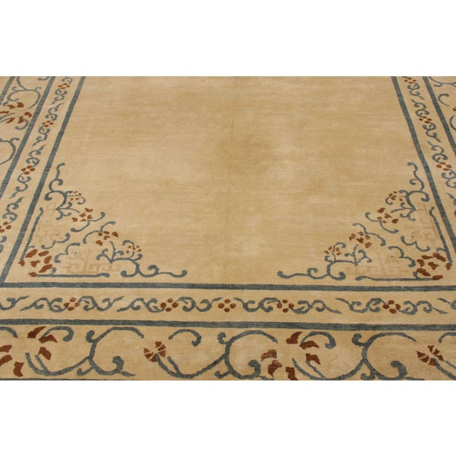 Rug & Kilim Hand-Knotted Antique Chinese Rug in Beige-Brown, Blue Open Field, Floral Pattern For Sale - Image 4 of 7
