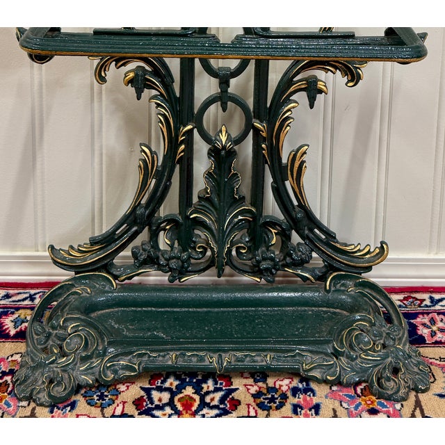 Antique English Gilt & Painted Cast Iron Umbrella Stick Cane Stand For Sale - Image 10 of 16