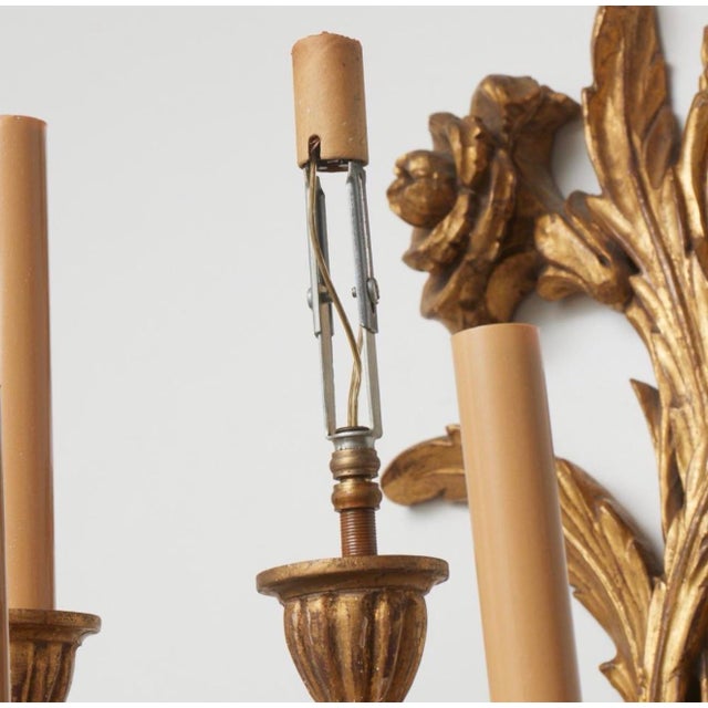Gold Mid-20th Century French Country Giltwood Five-Light Wall Sconces With Carved Floral and Fruit Decoration - Pair For Sale - Image 8 of 9