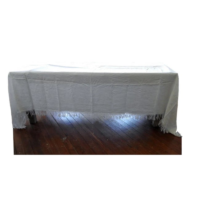 Textile Antique White Fringed Damask Tablecloth For Sale - Image 7 of 7