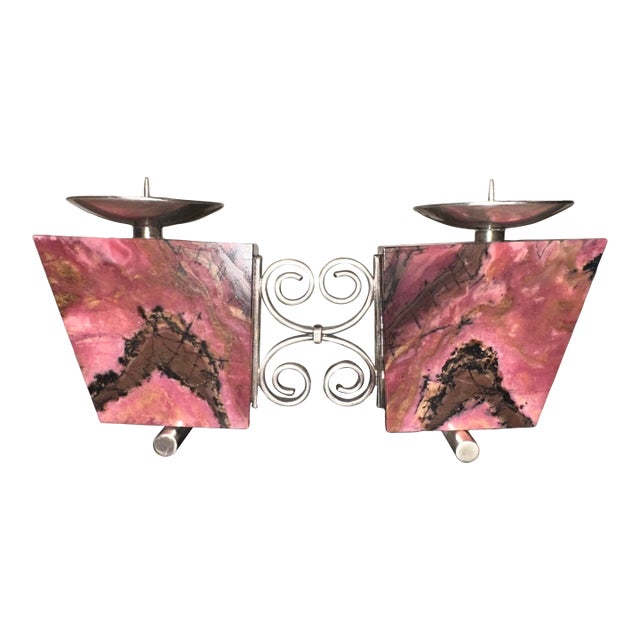 Vintage 1970’ S Soviet Russian Modernist Rhodonite & 875 Silver Candle Holder For Sale