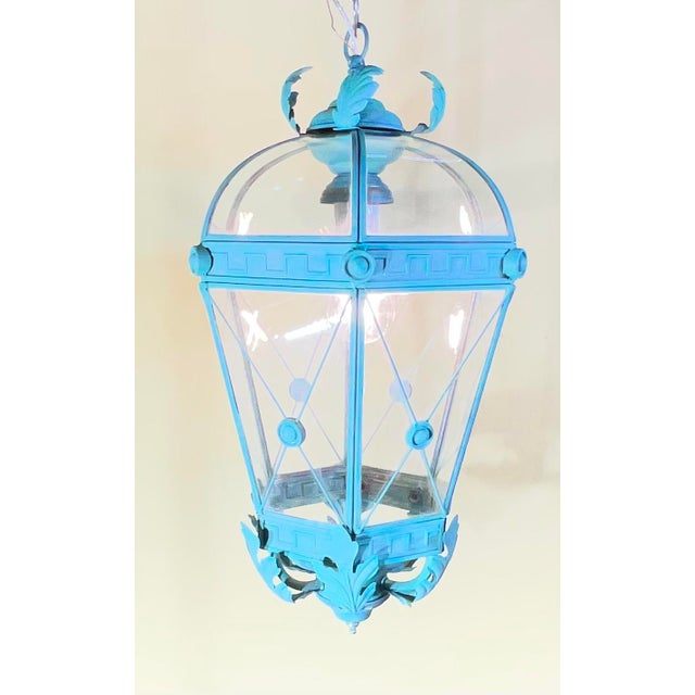 Vintage Solid Brass Hanging Lantern - Neoclassical Architectural Pendant Light For Sale In Miami - Image 6 of 17