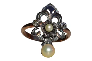 The Tilley: Ladies Victorian 14K Rose Gold and Silver Topped Pearl and Diamond Dangler Ring