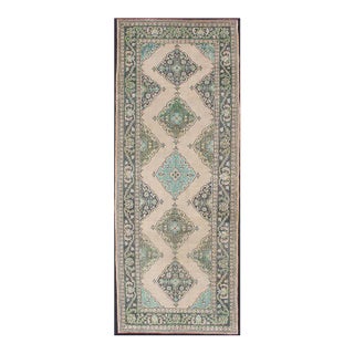Turkish Oushak Runner With Medallion Design in Dark Blue, Blush, Aqua and Green For Sale