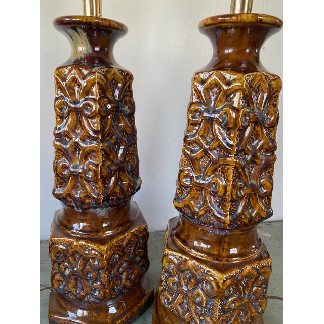 Mid-Century Modern Vintage Large Ceramic Brown Drip-Glazed Retro Pottery Table Lamps - a Pair For Sale - Image 3 of 13