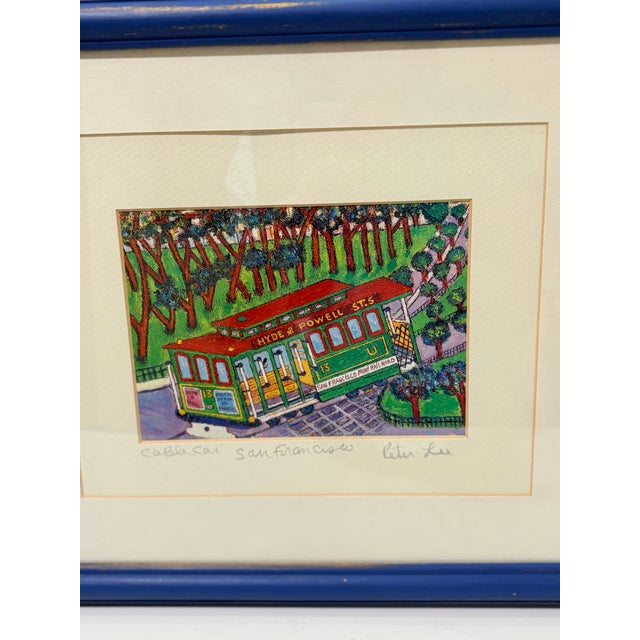 Wood 1990s Signed Peter Lee "Cable Car San Francisco" Framed Miniature Print, Blue Wood Frame For Sale - Image 7 of 13