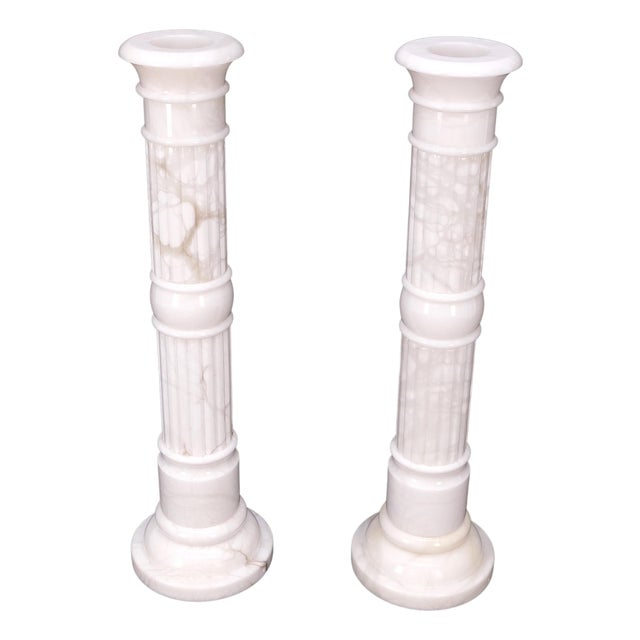 Pair of Italian White Turned Marble Pedestals Columns Stands Mint For Sale