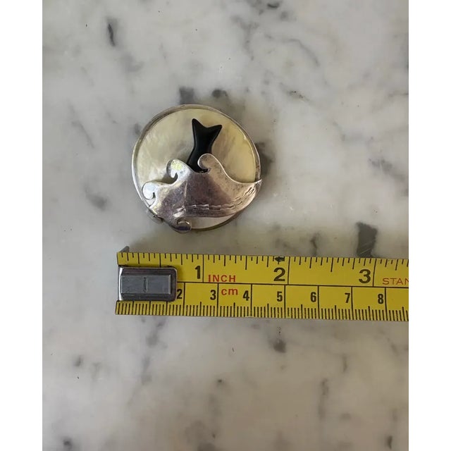 Art Deco Vintage Hand Made Sterling Silver and Mother of Pearl Fish in Wave Brooch With Artist Marks For Sale - Image 3 of 4