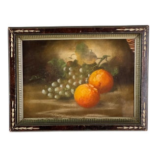 Antique Signed Oil on Board Still Life Painting of Oranges & Grapes; Wood Frame With Carved Details For Sale