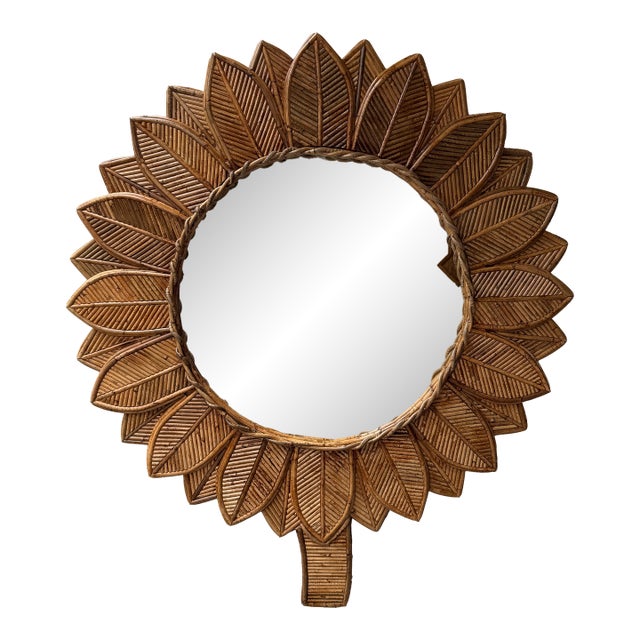 Rattan Sunflower Mirror by Vivai Del Sud. Italy, 1970s For Sale