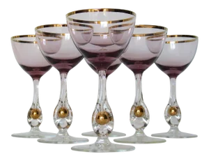 C.1950's Czech Josef Stanik -"Zlata Zuzana" Handblown Amethyst With Gilt Gold Rimmed Stemmed Crystal Apperitif Glasses - Set of 6