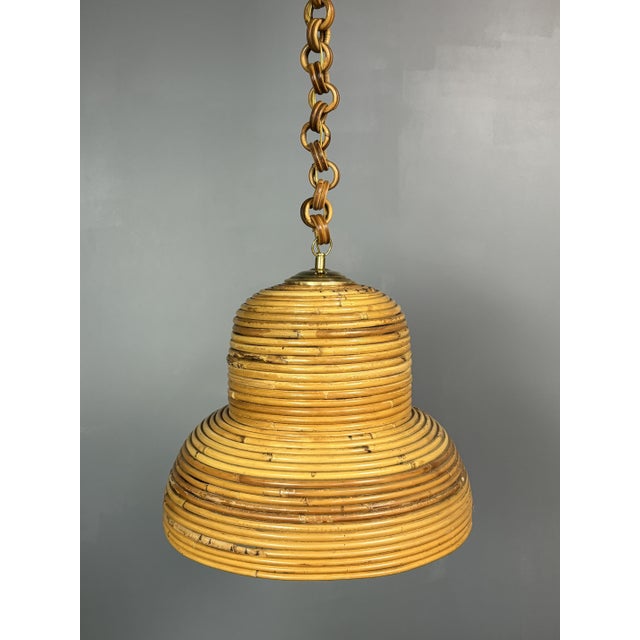 Mid-Century Italian Pencil Reed Rattan Bamboo and Brass Hanging Pendant Lamp, 1970s For Sale - Image 14 of 14