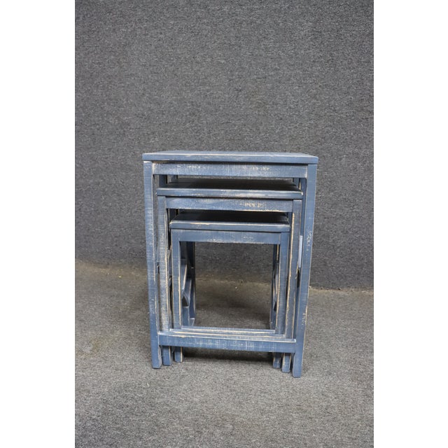 Distressed Blue Graduated Nesting Tables With Geometric Open Base – Set of 3 For Sale - Image 10 of 11