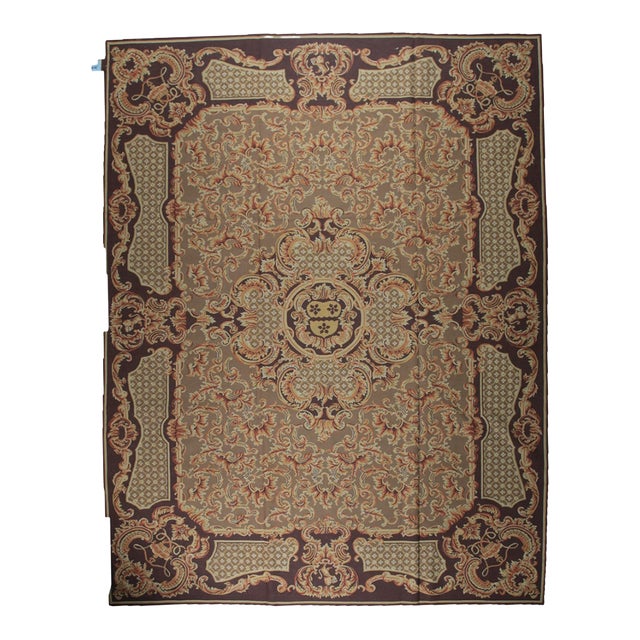 9x12 Vintage Aubusson Flat Weave Wool Rug, Brown Baroque Medallion For Sale