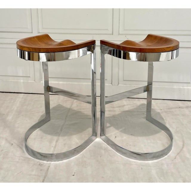 Chrome Pair of Oak and Chrome Counter Barstools by Warren Bacon For Sale - Image 8 of 12