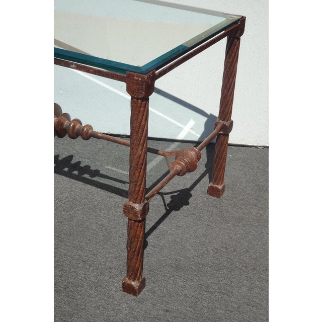 1990s Vintage Diego Giocometti Iron Patinated Metal Dining Table Desk W Beveled Glass For Sale - Image 5 of 16