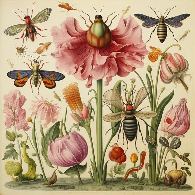 Rustic # Set of 6 - 54" X 36" Gallery Wall Installation 'Insects and Flowers' Botanical Floral Prints, Unframed For Sale - Image 3 of 9