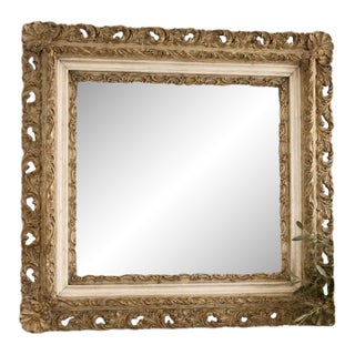 Antique Ornate Gilt Wood Mirror, 24x28 Reticulated Wall Mirror, Rococo Baroque Cream Gold Mirror, Vintage Carved Statement Mirror For Sale