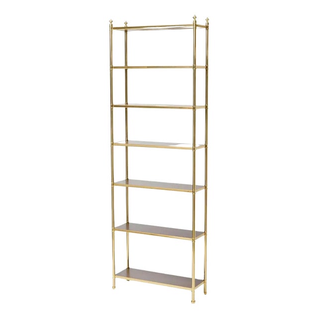 Billy Baldwin Style Tall Brass & Mahogany Seven Shelf Etagere For Sale