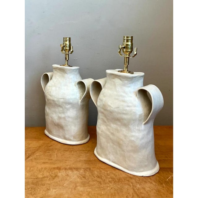 Vintage Biomorphic Double Handled Studio Pottery Lamps - a Pair For Sale - Image 12 of 12