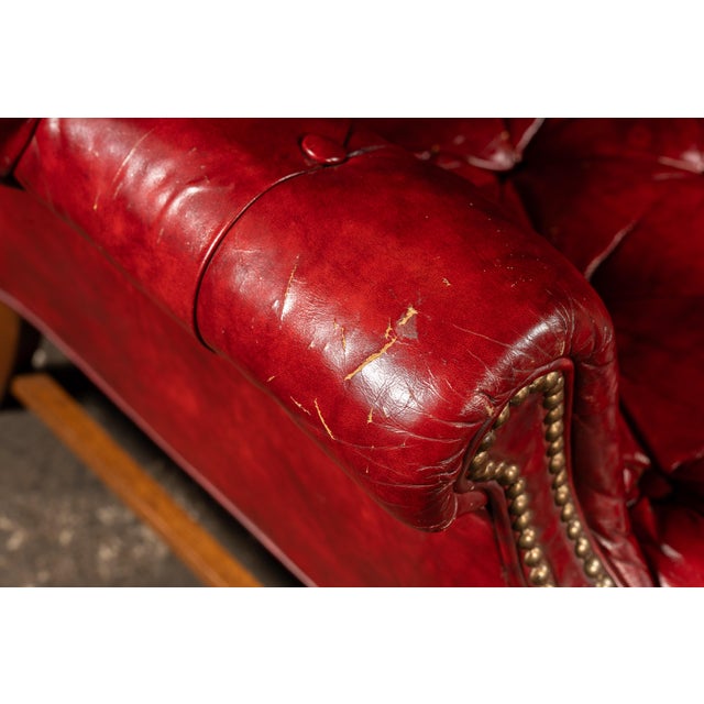 Red Vintage Leather Chesterfield Wingback Chair With Ottoman in Red by Ethan Allen For Sale - Image 8 of 13