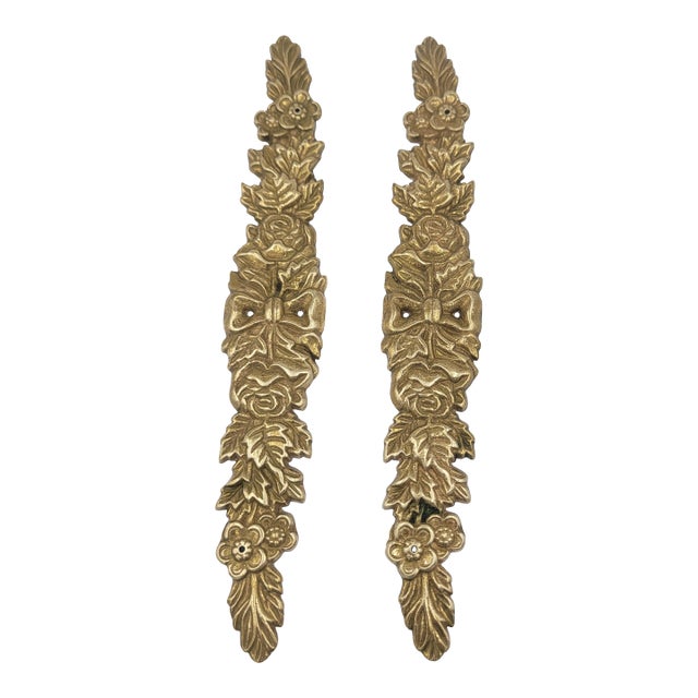Pair of 1980s Vintage Bombay Co. Brass Floral Bow & Rose Ormolu Appliques For Sale