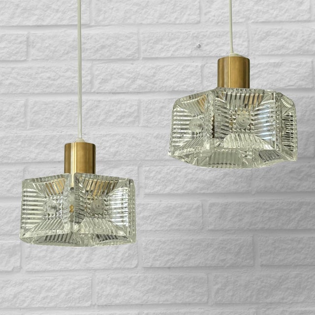 Pendant Lamps in Brass and Glass by Carl Fagerlund for Orrefors, Sweden, 1960s, Set of 2 For Sale - Image 11 of 11