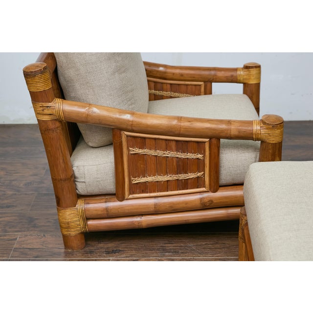 Brown Midcentury Bamboo Lounge Chairs with Ottoman, Rattan Accents, and Linen Fabric For Sale - Image 8 of 12