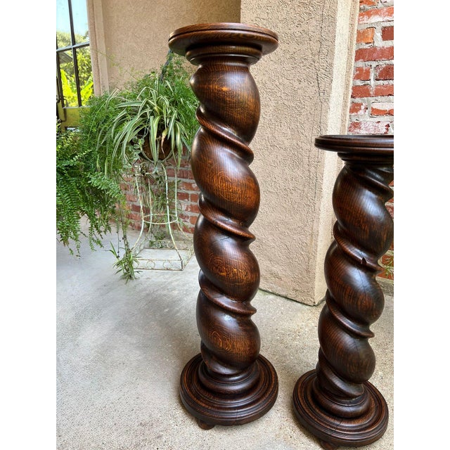 Wood Pair Set of 2 Antique French Pedestal Stand Barley Twist Oak Large Plant Columns For Sale - Image 7 of 18