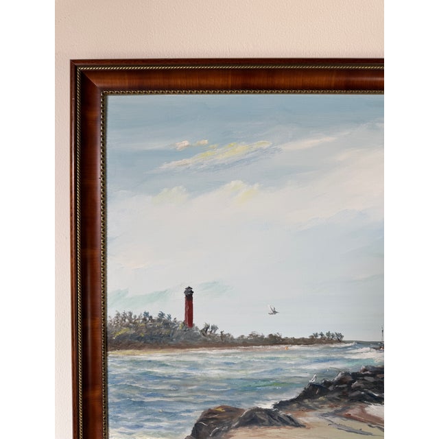 Wood Vintage Cosman Coastal Lighthouse Impressionist Oil Painting on Masonite Board – Framed For Sale - Image 7 of 18