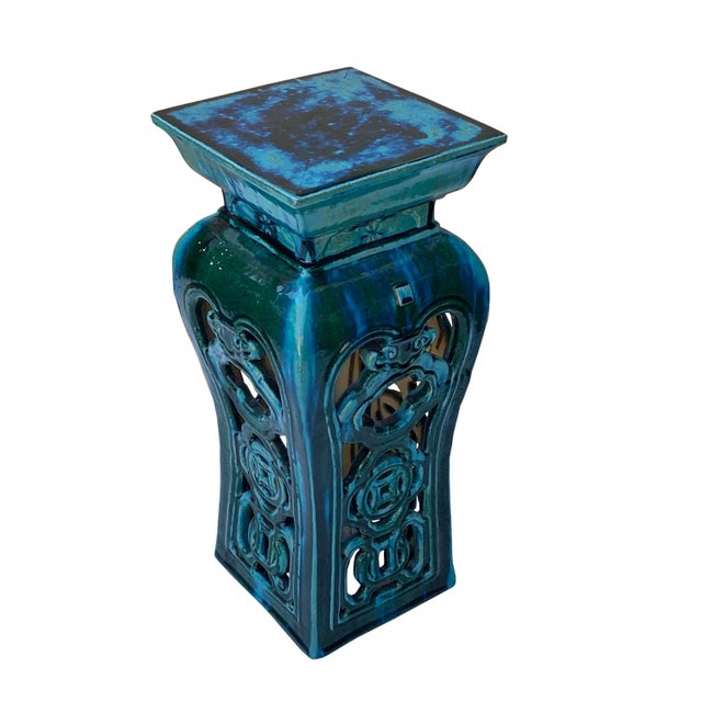 Ceramic Clay Green Square Tall Pedestal Table Flower Display Stand For Sale - Image 4 of 6