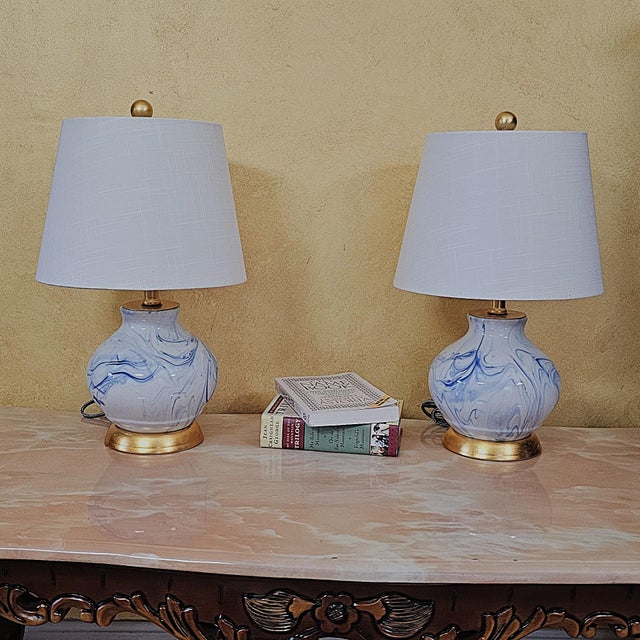 Pair of Jonathan Y Holly Marbleized Ceramic Table Lamps in Blue & White For Sale - Image 18 of 18