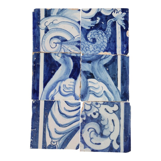 18th Century Portuguese Baroque Tiles With Mythological Figure Details and Elaborate Cobalt Scrollwork, Set of 6 For Sale