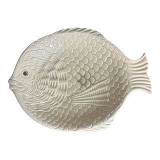 Vintage Fitz & Floyd Vintage 1975 Hand Painted Ivory Dish Fish Platter For Sale